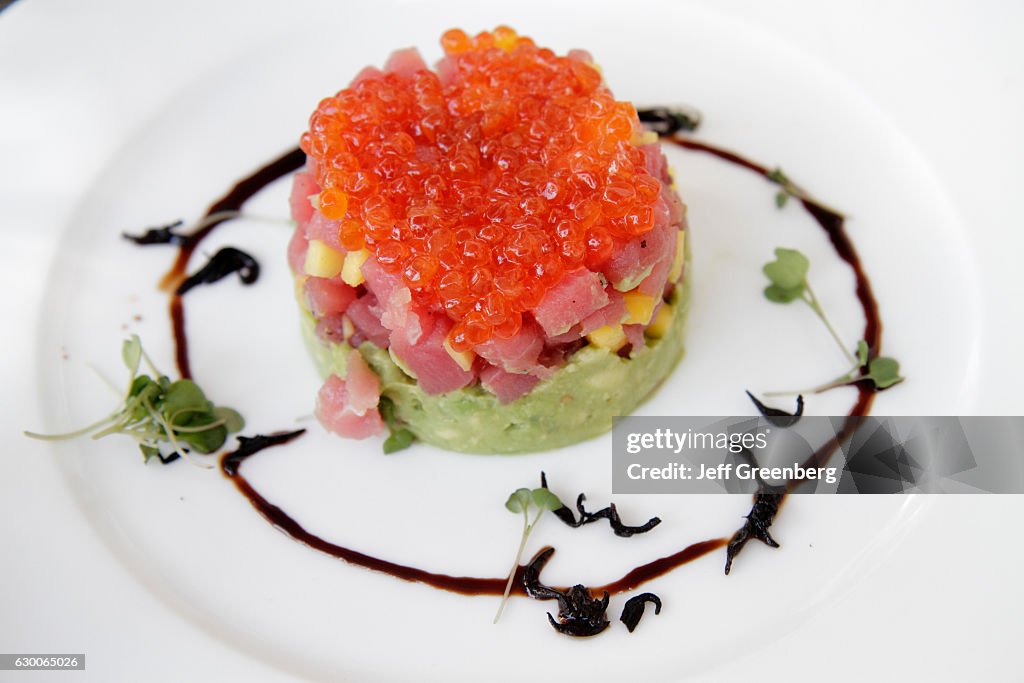 A plate of ahi tuna and salmon roe at the restaurant in the Tides South Beach hotel.