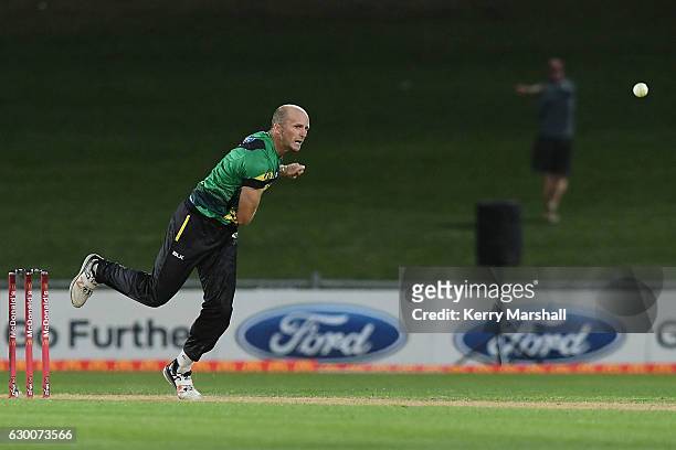 Seth Rance of the Central Stags bowls during the McDonalds Super Smash T20 match between Central Stags and Otago Volts on December 16, 2016 in...