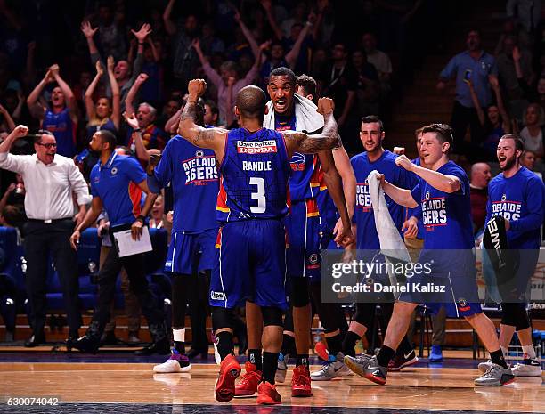 Jerome Randle and Terrance Ferguson of the Adelaide 36ers celebrate after the final whistle during the round 11 NBL match between Adelaide 36ers and...