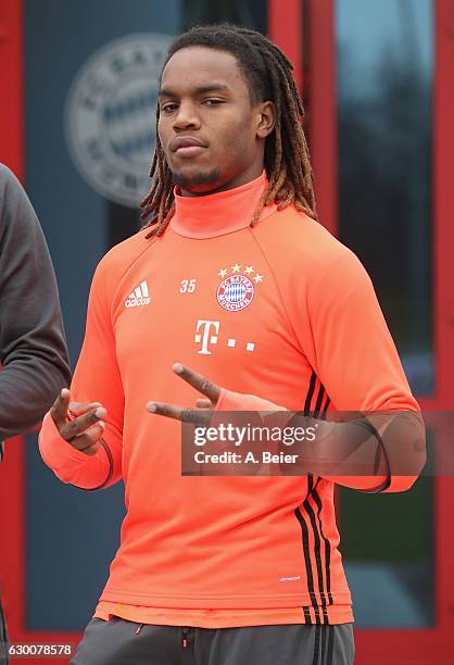 Renato Sanches of FC Bayern Muenchen gestures ahead of a training session at the club's Saebener Strasse training ground on December 16, 2016 in...