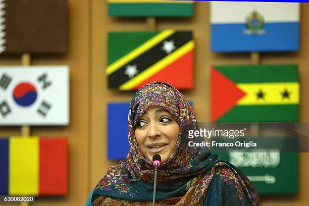 Nobel Peace Prize Laureate Tawakkul Karman holds a speech at the Food and Agriculture Organization Headquarters in Rome during the seminar 'Step it...