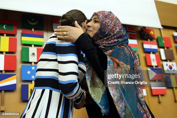 Nobel Peace Prize Laureate Tawakkul Karman and Princess Victoria of Sweden meet at the Food and Agriculture Organization Headquarters in Rome during...