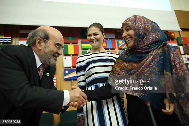 Nobel Peace Prize Laureate Tawakkul Karman, FAO Director General Jose Graziano da Silva and Princess Victoria of Sweden meet at the Food and...