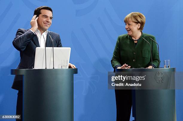 German Chancellor Angela Merkel and Greek Prime Minister Alexis Tsipras hold a joint press conference after their meeting in Berlin, Germany on...