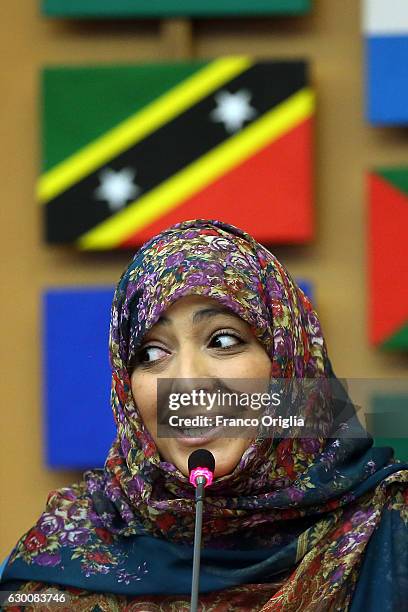 Nobel Peace Prize Laureate Tawakkul Karman holds a speech at the Food and Agriculture Organization Headquarters in Rome during the seminar 'Step it...