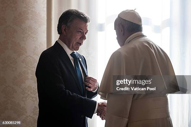 Pope Francis meets Colombia President Juan Manuel Santos Calderon at the Apostolic Palace on December 16, 2016 in Vatican City, Vatican. Pope Francis...
