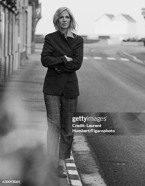 Actress Sandrine Kiberlain is photographed for Madame Figaro on November 7, 2016 in Saint Aubin sur Mer, France. Jacket , shirt , pants , shoes ....