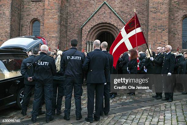 The murdered Danish police officer, Jesper Jul, receives a state funeral at Roskilde Cathedral on December 16, 2016 in Roskilde, Denmark. The Prime...