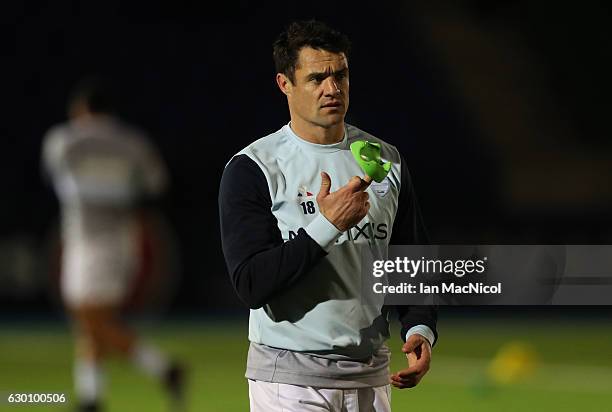 Dan Carter of Racing 92 is seen during the warm prior to the European Rugby Champions Cup match between Glasgow Warriors and Racing 92 at Scotstoun...