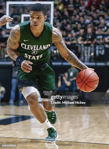 Rob Edwards of the Cleveland State Vikings dribbles the ball during the game against the Purdue Boilermakers at Mackey Arena on December 10, 2016 in...