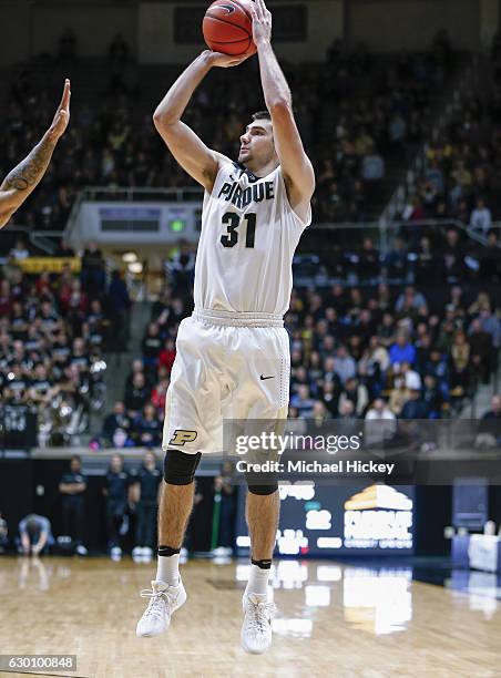 Dakota Mathias of the Purdue Boilermakers shoots a jumper against the Cleveland State Vikings at Mackey Arena on December 10, 2016 in West Lafayette,...