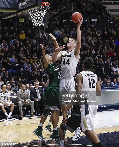 Isaac Haas of the Purdue Boilermakers shoots the ball against Jamarcus Hairston of the Cleveland State Vikings at Mackey Arena on December 10, 2016...