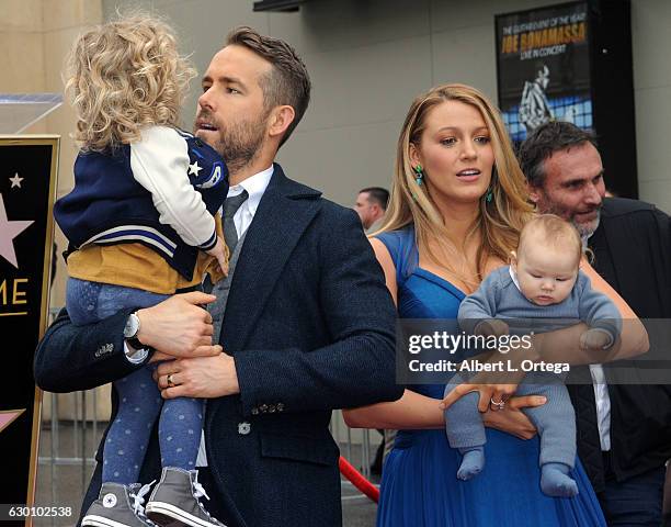 Actor Ryan Reynolds and Actress/wife Blake Lively and with daughters James and unrevealed at Ryan Reynolds' Star Ceremony On The Hollywood Walk Of...