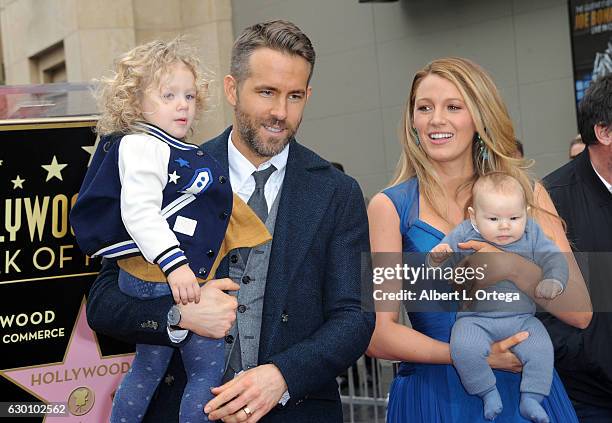Actor Ryan Reynolds and Actress/wife Blake Lively and with daughters James and unrevealed at Ryan Reynolds' Star Ceremony On The Hollywood Walk Of...