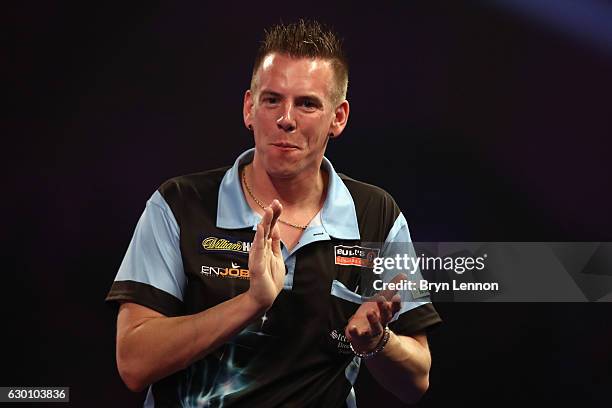 Jerry Hendriks of The Netherlands reacts to winning his preliminary round match against Warren Parry of New Zealand during day two of the 2017...