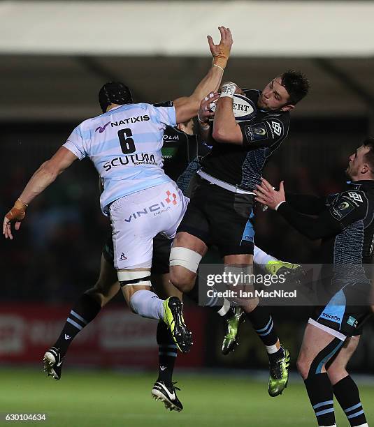 Wenceslas Lauret of Racing 92 vies with Ryan Wilson of Glasgow during the European Rugby Champions Cup match between Glasgow Warriors and Racing 92...