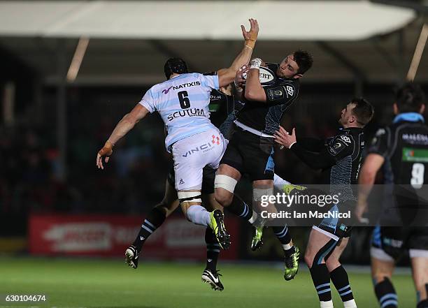 Wenceslas Lauret of Racing 92 vies with Ryan Wilson of Glasgow during the European Rugby Champions Cup match between Glasgow Warriors and Racing 92...