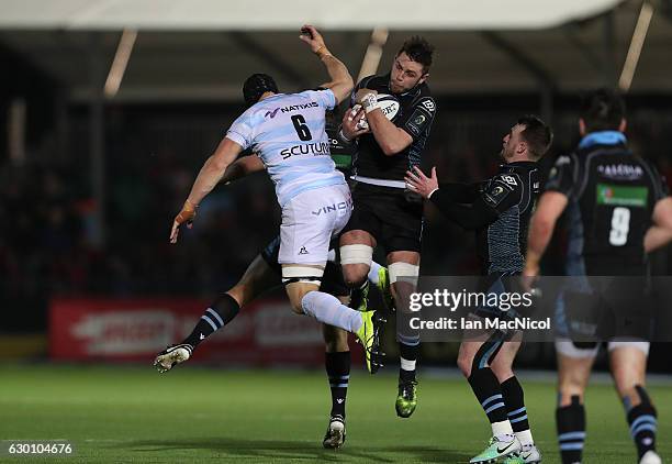 Wenceslas Lauret of Racing 92 vies with Ryan Wilson of Glasgow during the European Rugby Champions Cup match between Glasgow Warriors and Racing 92...