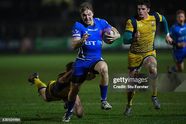 Dragons player Tyler Morgan races through to score during the European Rugby Challenge Cup match between Newport Gwent Dragons and Worcester Warriors...