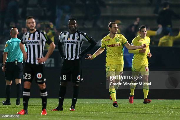 Guillaume Gillet of Nantes celebrates after scoring the first goal during the French Ligue 1 match between Angers and Nantes on December 16, 2016 in...