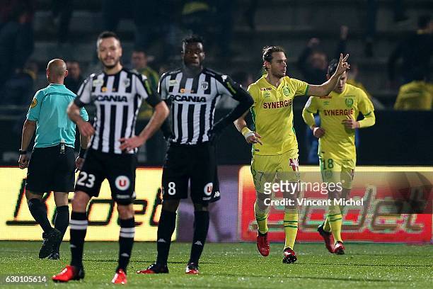 Guillaume Gillet of Nantes celebrates after scoring the first goal during the French Ligue 1 match between Angers and Nantes on December 16, 2016 in...