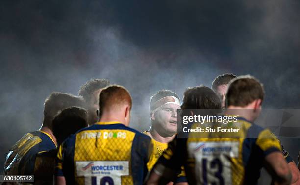 Warriors players look on from behind the try line after conceding another try during the European Rugby Challenge Cup match between Newport Gwent...