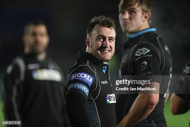 Stuart Hogg of Glasgow looks on during the European Rugby Champions Cup match between Glasgow Warriors and Racing 92 at Scotstoun stadium on December...