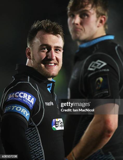 Stuart Hogg of Glasgow looks on during the European Rugby Champions Cup match between Glasgow Warriors and Racing 92 at Scotstoun stadium on December...