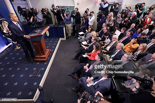 President Barack Obama speaks during a news conference in the Brady Press Briefing Room at the White House December 16, 2016 in Washington, DC. In...
