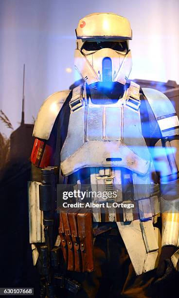 Props and costumes on display at the Opening Night Celebration Of Walt Disney Pictures And Lucasfilm's "Rogue One: A Star Wars Story" At El Capitan...