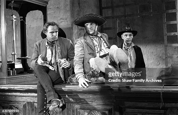 Actor and director Marlon Brando with actors Karl Malden and Hank Wordern circa 1959 during the filming of "One-Eyed Jacks" in Los Angeles,...