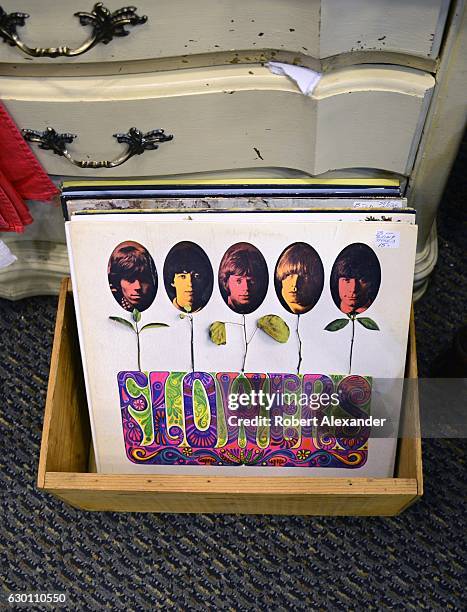 November 18, 2016: A Rolling Stones LP album titled 'Flowers', released in 1967, is among the items for sale in an antique shop in Durango, Colorado.