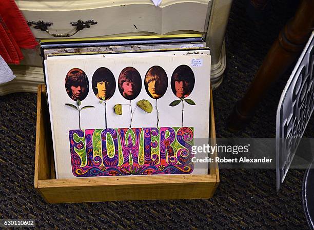 November 18, 2016: A Rolling Stones LP album titled 'Flowers', released in 1967, is among the items for sale in an antique shop in Durango, Colorado.