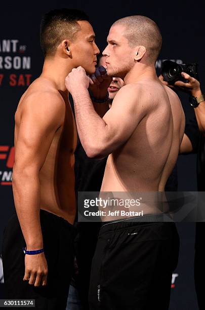 James Moontasri and Alex Morono face off during the UFC Fight Night weigh-in inside the Golden 1 Center Arena on December 16, 2016 in Sacramento,...