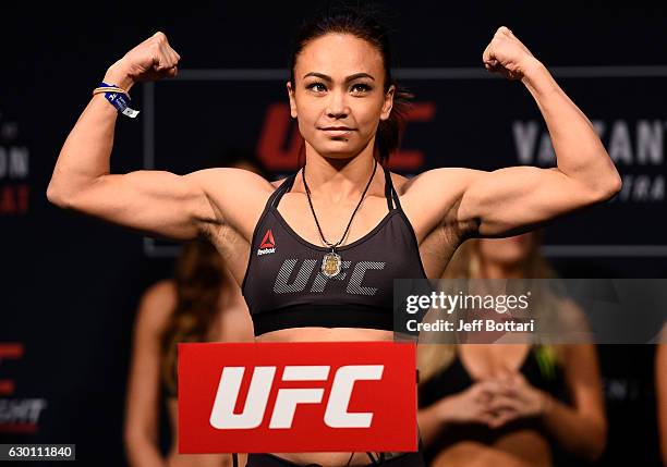 Michelle Waterson poses on the scale during the UFC Fight Night weigh-in inside the Golden 1 Center Arena on December 16, 2016 in Sacramento,...