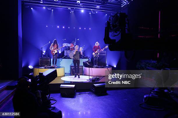 Episode 0593 -- Pictured: Theresa Wayman, Stella Mozgawa, Emily Kokal, and Jenny Lee Lindberg of musical guest Warpaint perform on December 16, 2016...