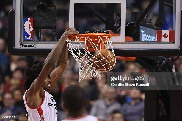 Toronto Raptors center Lucas Nogueira dunks as the Toronto Raptors play the Atlanta Hawks at the Air Canada Centre in Toronto. December 16, 2016.