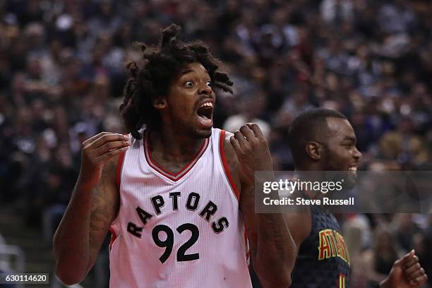 Toronto Raptors center Lucas Nogueira reacts after being called for a foul as the Toronto Raptors play the Atlanta Hawks at the Air Canada Centre in...