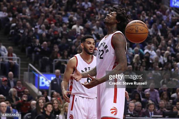 Toronto Raptors center Lucas Nogueira reacts after being called for a foul as the Toronto Raptors play the Atlanta Hawks at the Air Canada Centre in...
