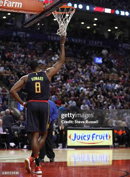 Atlanta Hawks center Dwight Howard relaxes during a break in play as the Toronto Raptors lose to the Atlanta Hawks 125-121 at the Air Canada Centre...