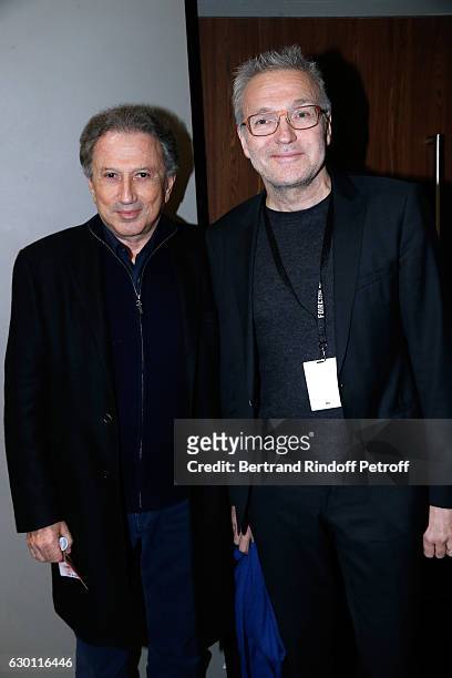 Michel Drucker and Laurent Ruquier attend Michael Gregorio performs for his 10 years of Career at AccorHotels Arena on December 16, 2016 in Paris,...