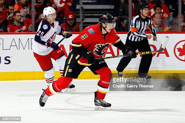 Jyrki Jokipakka of the Calgary Flames skates against the Columbus Blue Jackets during an NHL game on December 16, 2016 at the Scotiabank Saddledome...