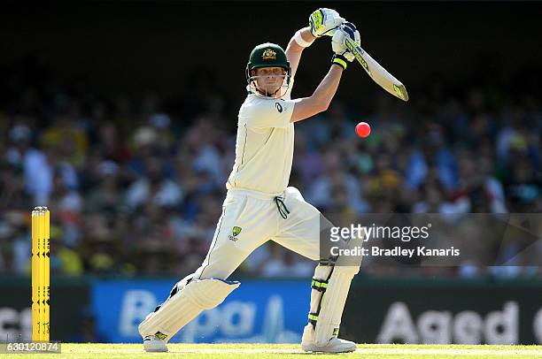 Steve Smith of Australia plays a shot during day three of the First Test match between Australia and Pakistan at The Gabba on December 17, 2016 in...