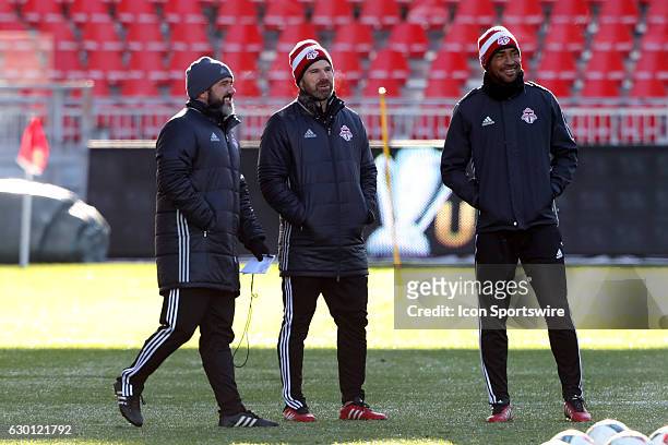 Toronto head coach Greg Vanney with assistant coaches Robin Fraser and Nick Theslof . Toronto FC held a training session one day before playing in...