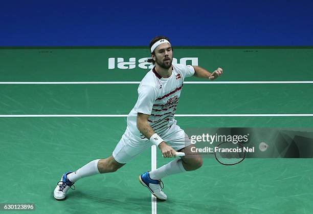 Jan O Jorgensen of Denmark competes against Tian Houwei of China in the Men's Singles semi final match during day four of the BWF Dubai World...