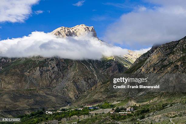 Agricultural landscape of the Upper Kali Gandaki valley towards Thorong La with Muktinath Temple and the mountain Yakawa Kang.