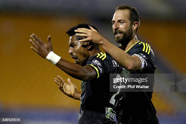 Roy Krishna of Wellington celebrates his goal during the round 11 A-League match between Wellington and Western Sydney Wanderers at Mt Smart Stadium...