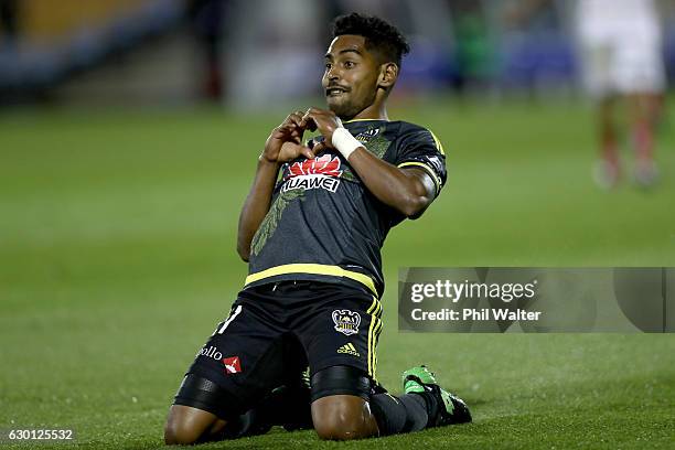 Roy Krishna of Wellington celebrates his goal during the round 11 A-League match between Wellington and Western Sydney Wanderers at Mt Smart Stadium...