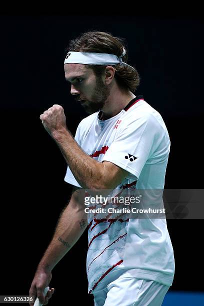 Jan O Jorgensen of Denmark celebrates winning a point during his men's singles semi final match against Tian Houwei of China on Day Four of the BWF...