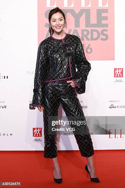 Model Liu Wen arrives at the red carpet of 2016 ELLE Style Awards ceremony on December 16, 2016 in Shanghai, China.